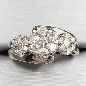 10k Solid White Gold Genuine Round Diamond Triple Flower Ring